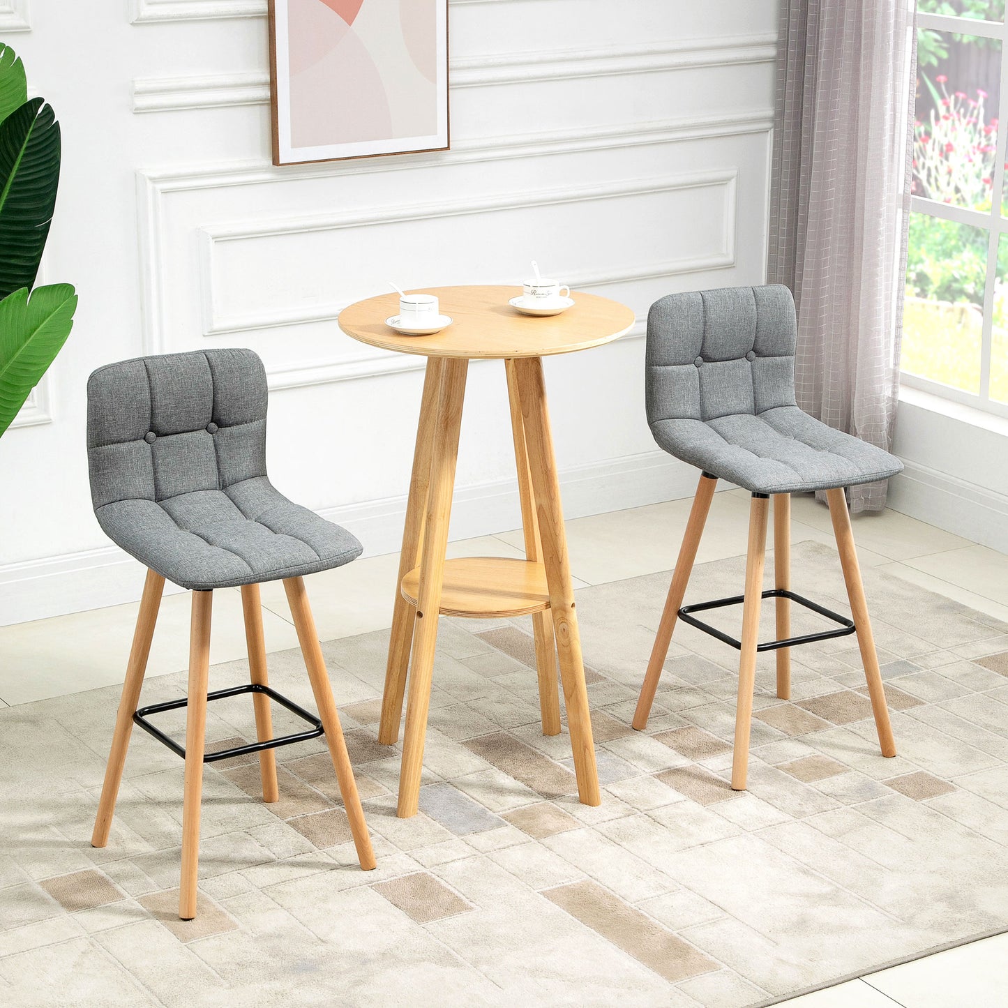 HOMCOM Breakfast Bar Stool Set of 2 Armless Button-Tufted Counter Height Bar Chairs with Wood Legs & Footrest, Grey