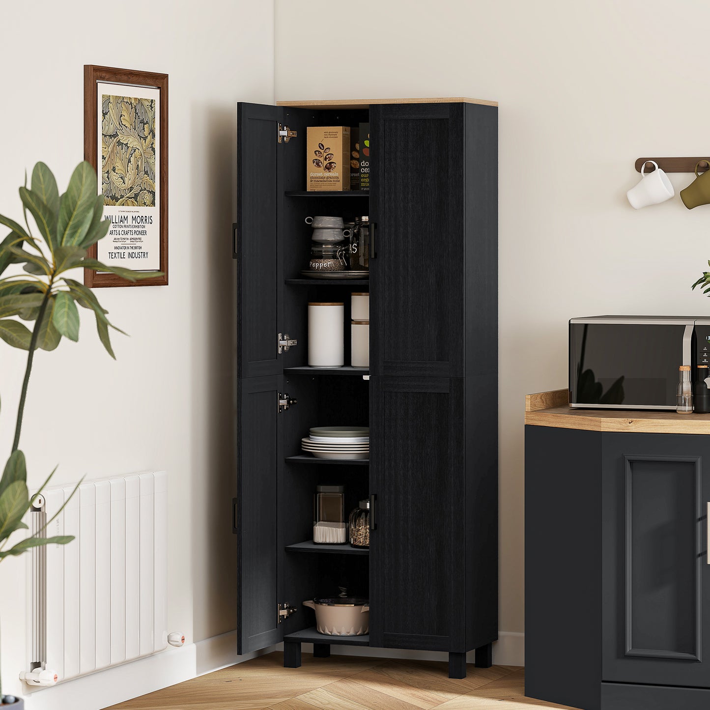 HOMCOM Freestanding Kitchen Cupboard, 4-Door Storage Cabinet with Adjustable Shelves, Modern Kitchen Pantry, 170cm, Black