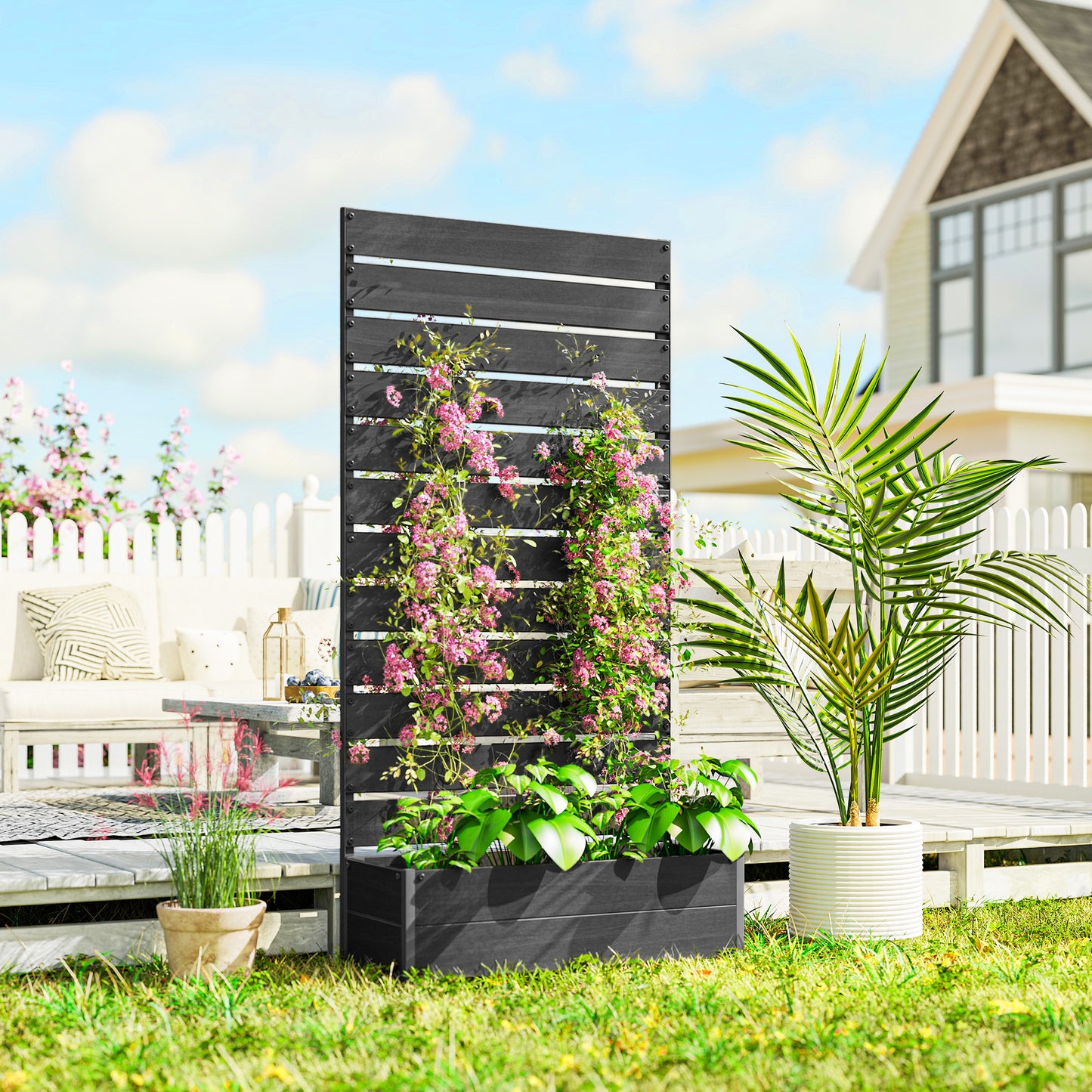 Outsunny Raised Bed for Garden, Planter with Trellis for Climbing Plants, Vines, Planter Box with Drainage Gap, Black