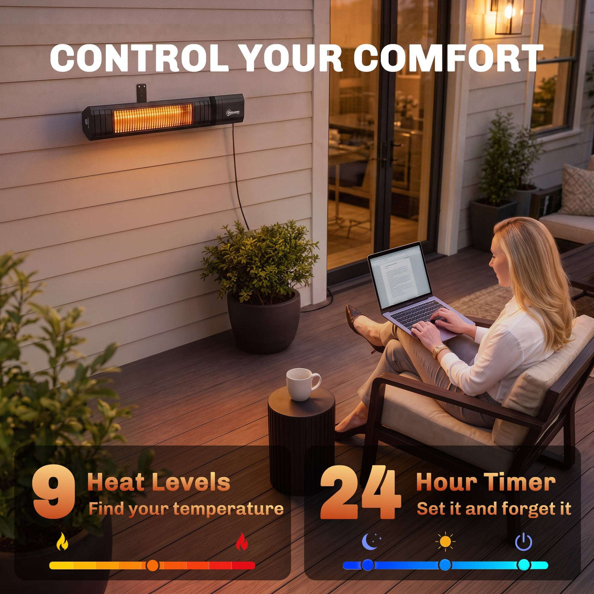 Outsunny 2000 W Electric Infrared Patio Heater, IP65 Outdoor Garden Heater with APP/Touch/Remote Control, 9 Heat Settings, Black