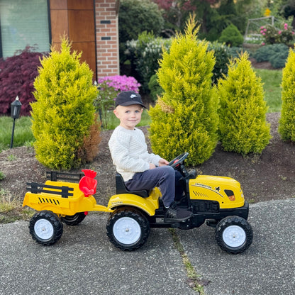 HOMCOM Kids Ride on Tractor with Back Trailer, Shovel & Rake, Horn, Four Wheels Tractor Toy for Child Toddler
