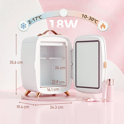 HOMCOM Skincare Refrigerator, 6L Mini Cosmetic Fridge with LED Mirror, Cooling Function for Bedroom, Skincare, Office, White
