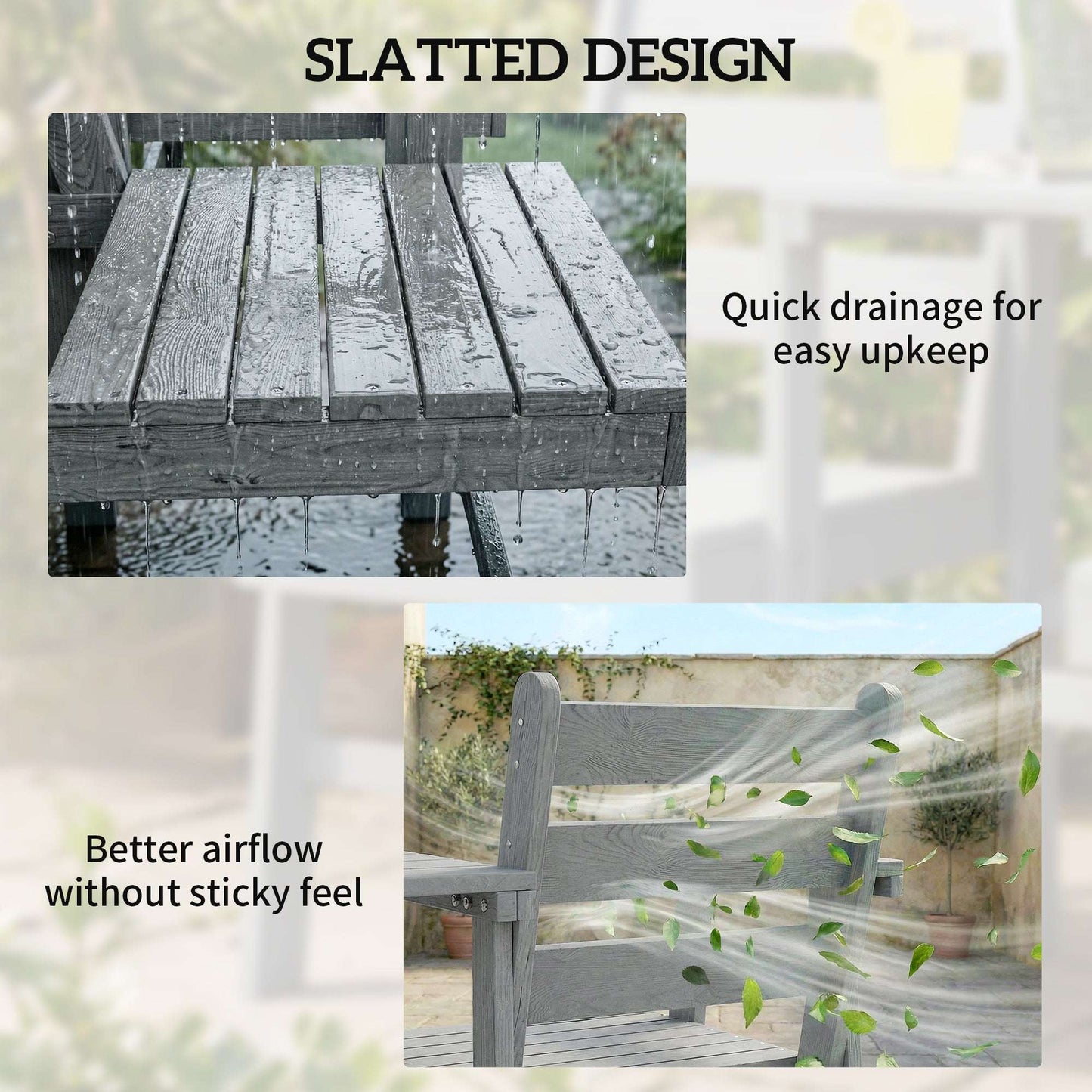 Outsunny Outdoor Garden Loveseat, Embossed Wooden Jack and Jill Garden Seat with Integrated Table, Grey