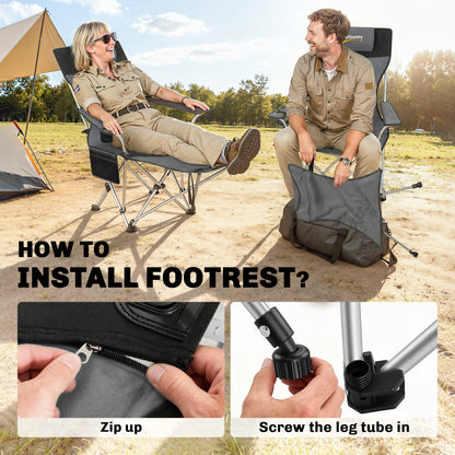 Outsunny Set of 2 Reclining Folding Camping Chair w/ Detachable Footrest, Storage Bag, Cup Holder & Headrest, Lightweight Portable Camp Chair for Beach, Picnic, Grey and Black