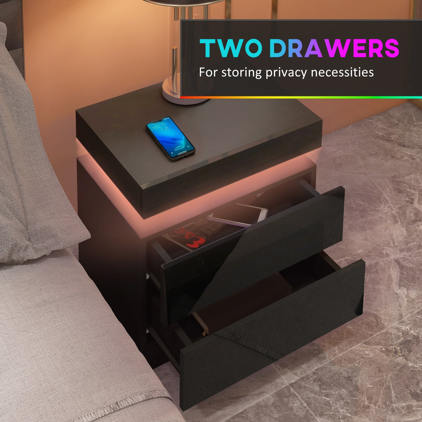 HOMCOM Black Bedside Table with LED Light, High Gloss Front Nightstand with 2 Drawers, for Living Room, Bedroom