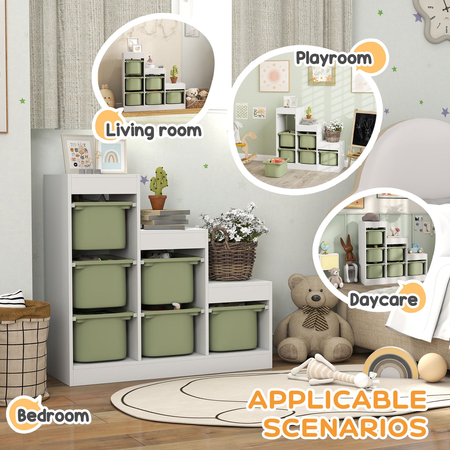 AIYAPLAY Toy Storage Organiser, Three-Layer Kids Toy Storage Units, with Removable Bins, for Ages 3-8 Years, Green