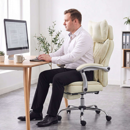 HOMCOM Executive Office Chair, PU Big and Tall Office Chair 180 kg with Wide Seat, Reclining, Lumbar Support, Beige
