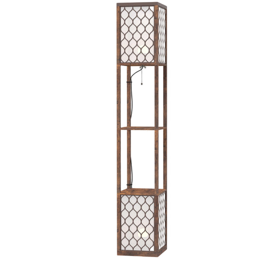 HOMCOM Floor Lamp with Shelves, Modern Tall Standing Lamp with Fabric Lampshades, Zipper Switch and Dual Light, Rustic Brown