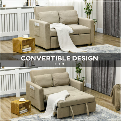 HOMCOM Loveseat Sofa Bed, Convertible Bed Settee with 2 Pillows, Side Pockets, Light Brown