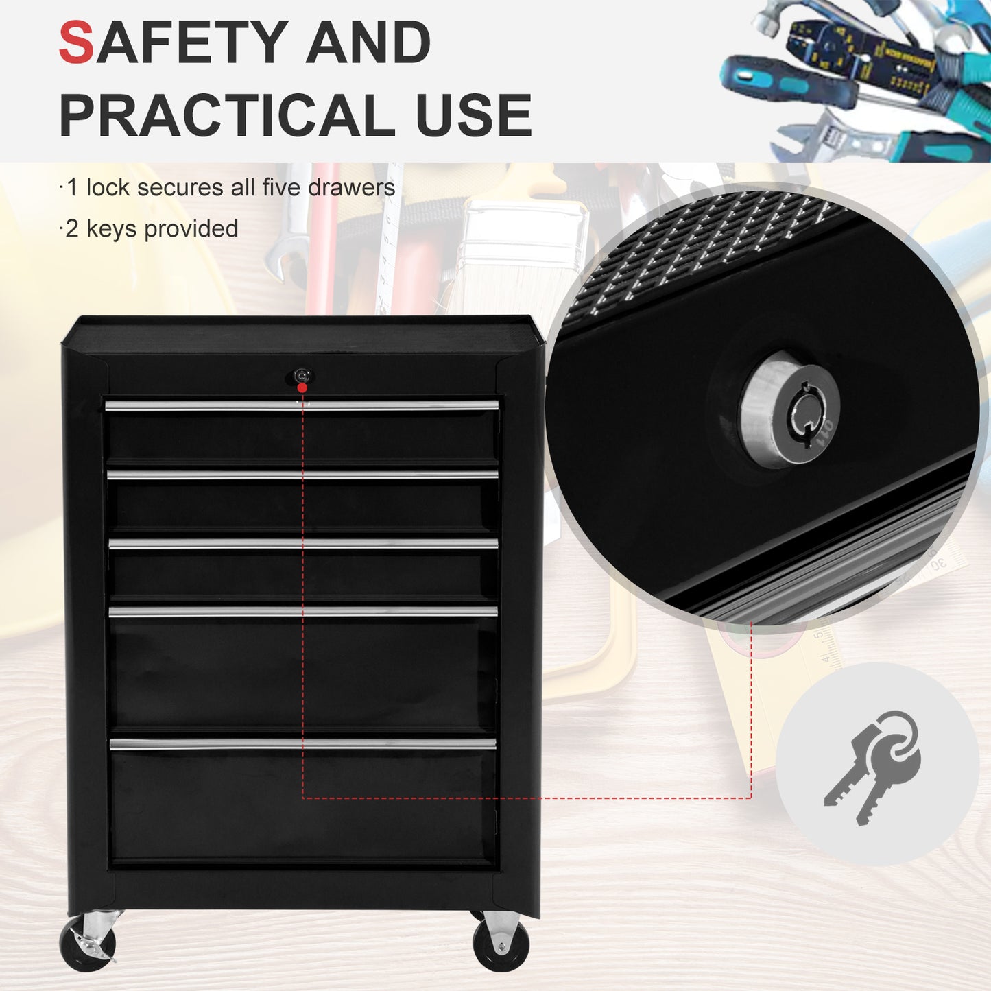 HOMCOM 5-Drawer Tool Box on Wheels, Lockable Tool Storage Cabinet with EVA Pat, Black
