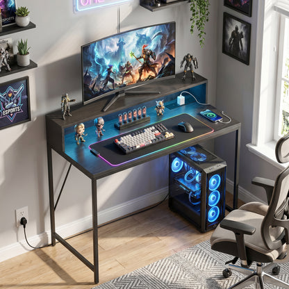 HOMCOM Gaming Desk, 100cm Computer Desk with LED Lights, Power Outlets, Monitor Stand and Remote, Black Wood-Effect