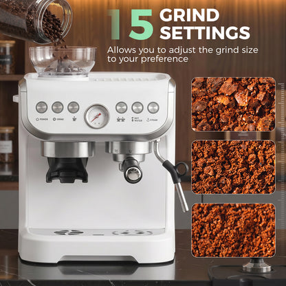 HOMCOM 15 Bar Coffee Machine, with Adjustable Grind, Steamer and Accessories - White