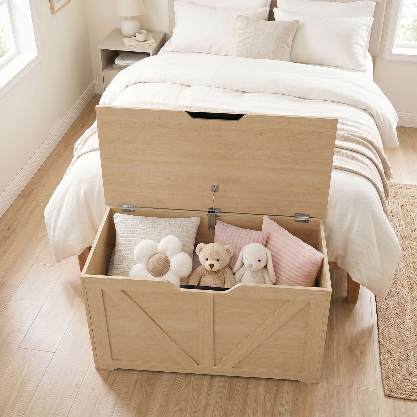 HOMCOM 100L Home Storage Box, with Safety Hinge - Nature Wood Finish