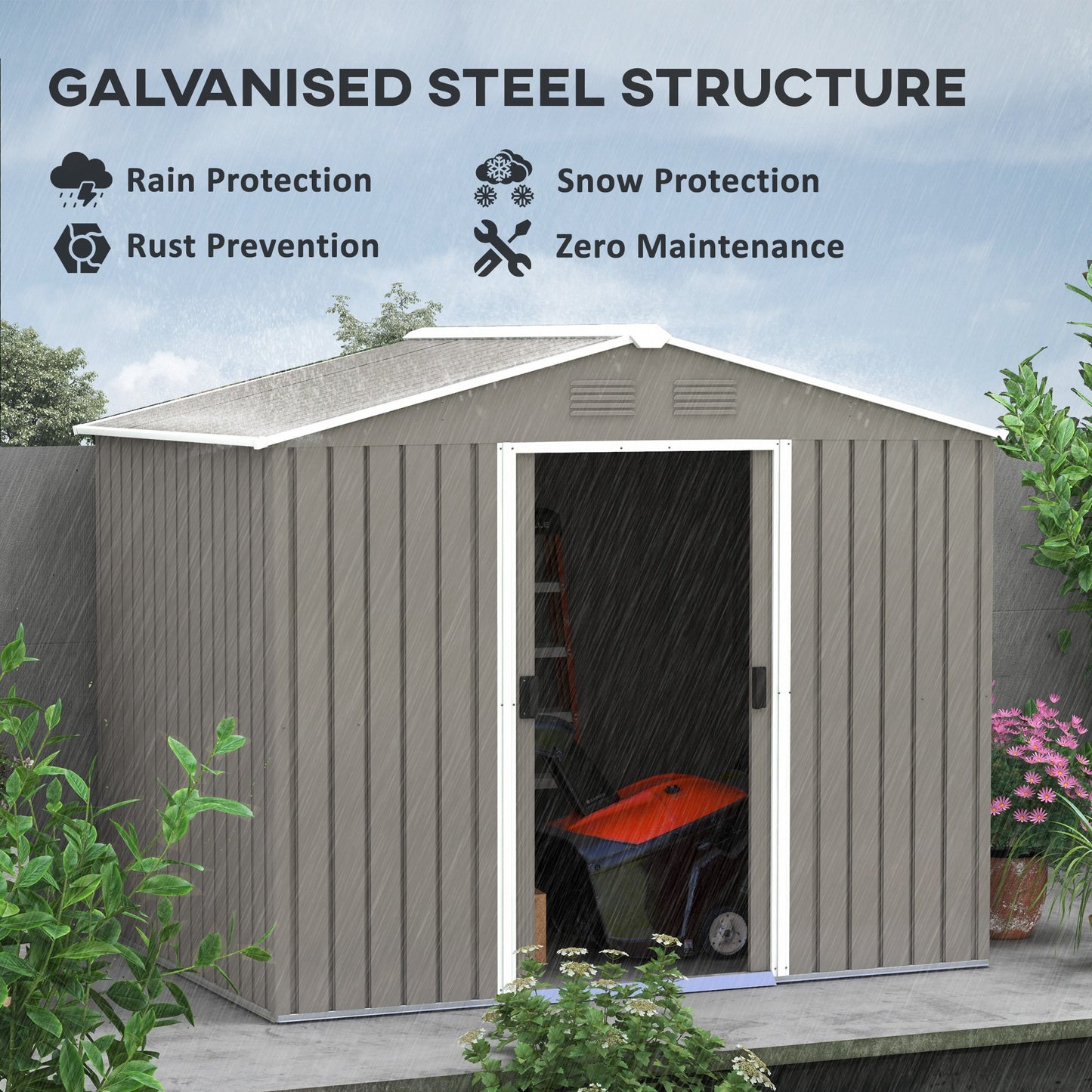 Outsunny 7.7 x 5.7ft Outdoor Garden Storage Shed, Metal Tool House with Ventilation and Sliding Doors, Light Grey