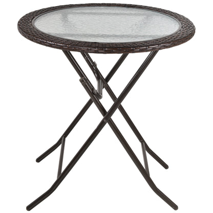 Outsunny Folding Rattan Garden Dining Table, 68 cm Round Rattan Garden Table with Water Ripple Tempered Glass Top, Wicker Edging  and Steel Frame for Outdoor, Patio, Brown