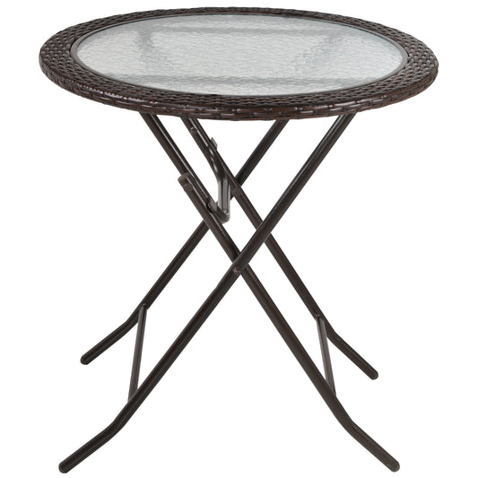 Outsunny Folding Rattan Garden Dining Table, 68 cm Round Rattan Garden Table with Water Ripple Tempered Glass Top, Wicker Edging  and Steel Frame for Outdoor, Patio, Brown