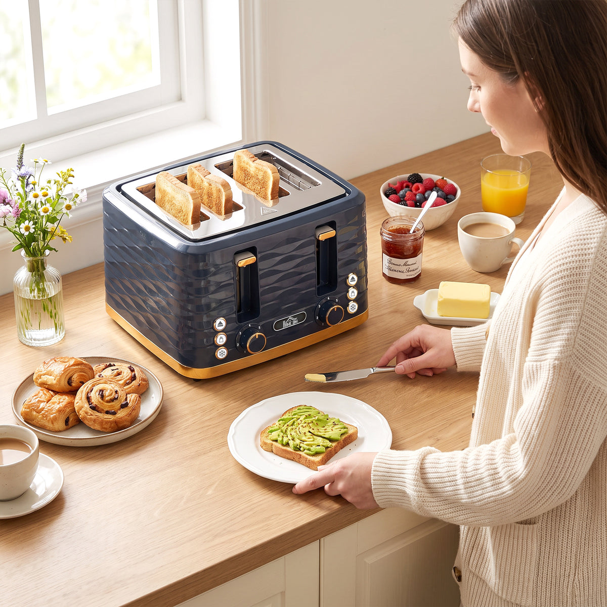 HOMCOM Toaster, Toaster 4 Slice with 7 Browning Levels, High Lift, Reheat/Defrost/Cancel, Dark Blue