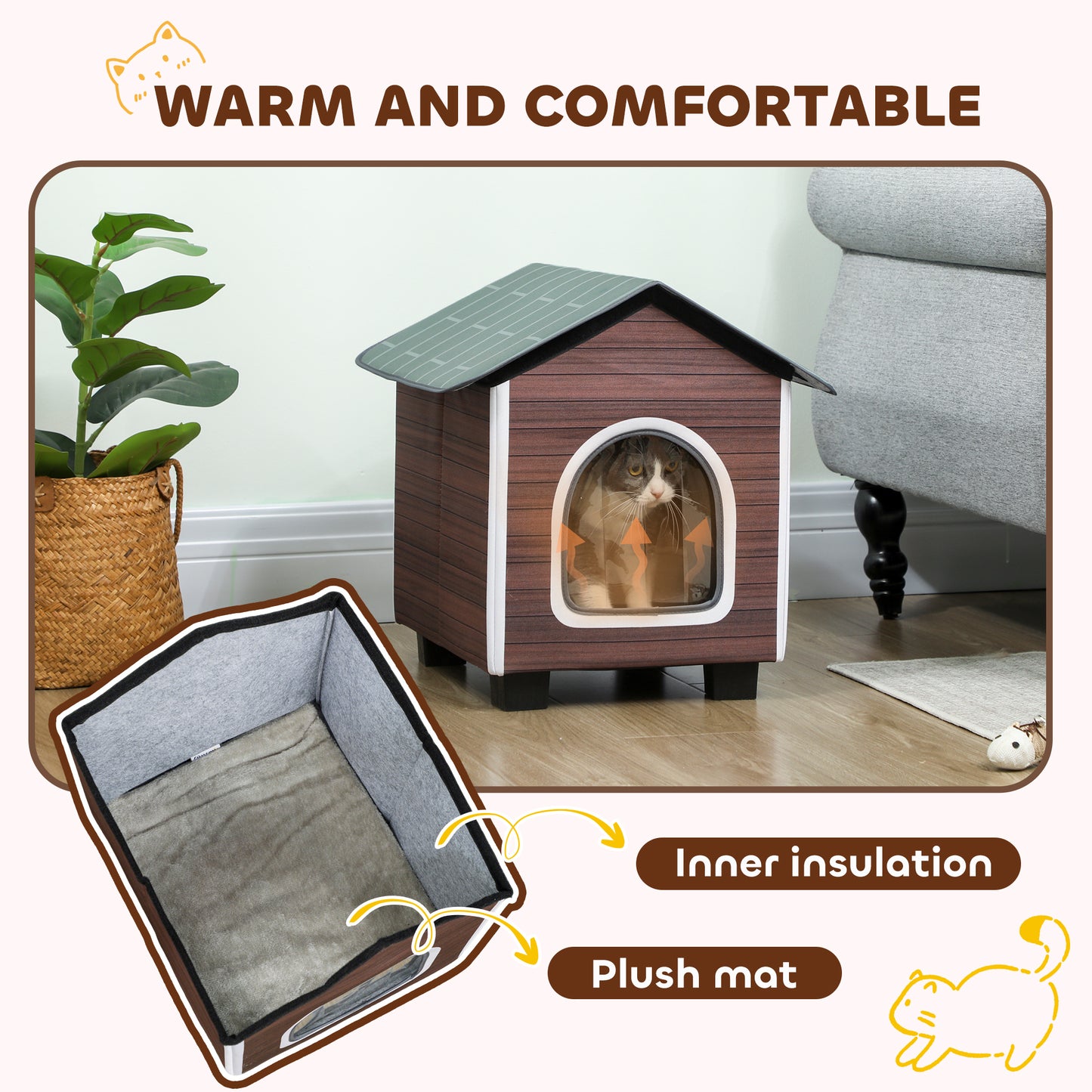 PawHut Insulated Outdoor Cat House, Water-Resistant Feral Cat Shelter with Elevated Base and Cushion, Red-brown