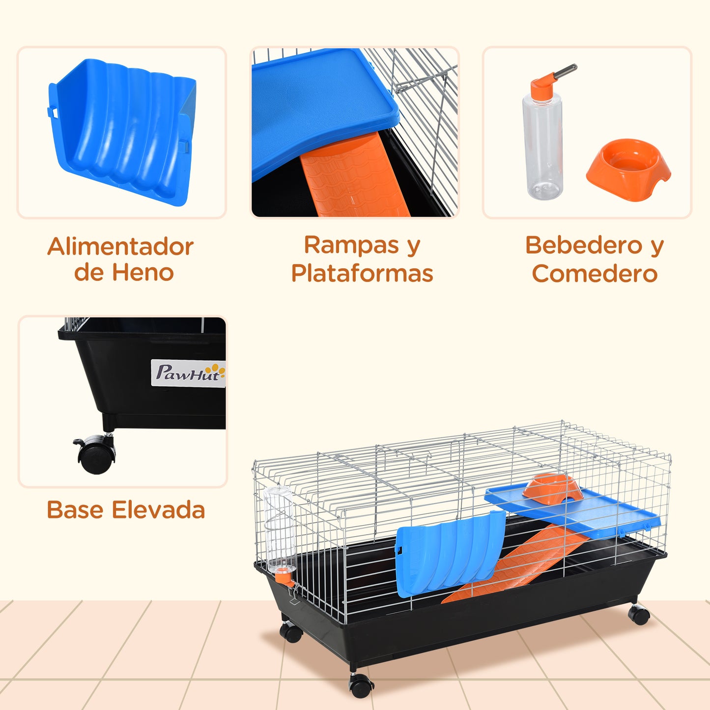 PawHut Small Animal Cage Rabbit Guinea Pigs Chinchillas Cage w/ Wheels Water Bottle Food Dish Platform Ramp 89 x 44 x 43 cm Black--ChewyGames-ChewyGames