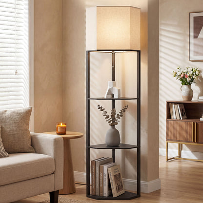 HOMCOM Corner Floor Lamp with Shelves, Modern Tall Standing Lamp with Chain Switch for Living Room, Bedroom, Bulb Not Included, Black