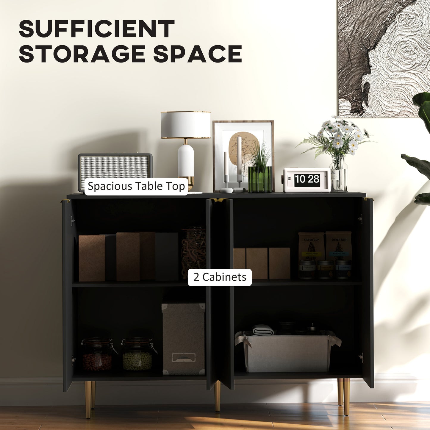 HOMCOM Sideboard Buffet Cabinet, Modern Kitchen Storage Cabinet with 4 Doors and Adjustable Shelves Black--ChewyGames-ChewyGames