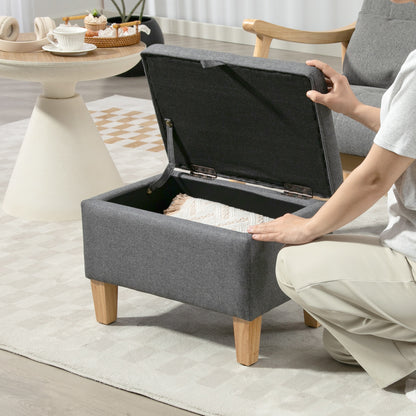 HOMCOM 16L Linen Storage Ottoman Padded Footstool with Rubberwood Legs for Storage Box, Bed End, Shoe Bench, Seating, Charcoal Grey