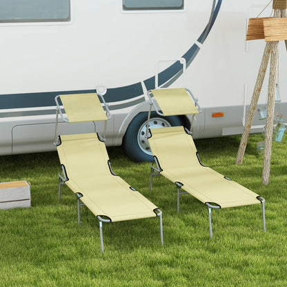Outsunny Folding Sun Lounger Set of 2 with Canopy, Reclining Sunbed with 4-Position Adjustable Backrest, 600D Oxford Cloth, Portable Garden Lounger Recliner Chair for Beach, Camping, Patio, Beige