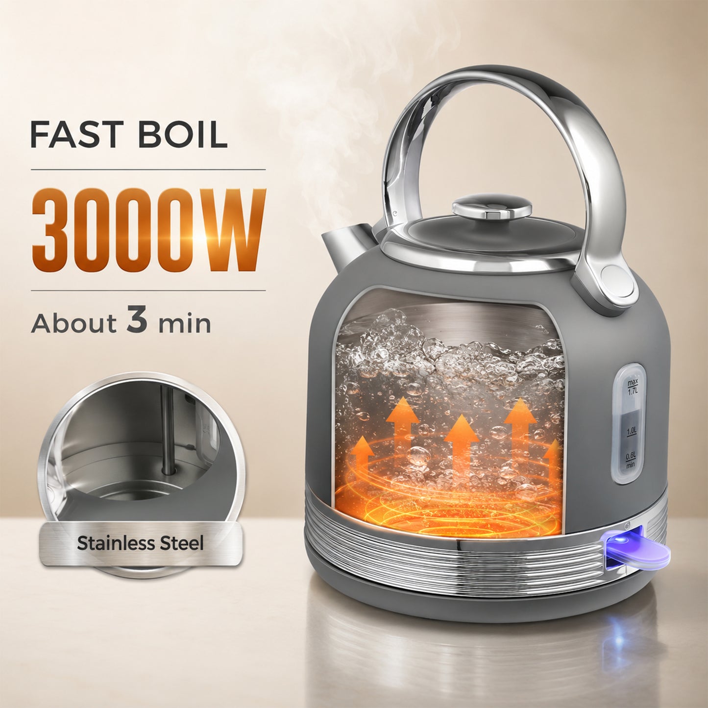 HOMCOM Stainless Steel Kettle and Toaster Set, 1.7L 3000W Cordless Fast Boil Kettle, 4 Slice Toaster Kitchen Set, Grey
