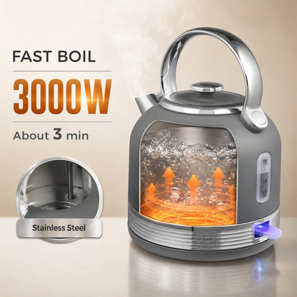 HOMCOM Stainless Steel Kettle and Toaster Set, 1.7L 3000W Cordless Fast Boil Kettle, 4 Slice Toaster Kitchen Set, Grey