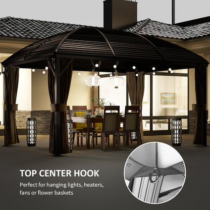 Outsunny 3 x 4m Hardtop Gazebo Canopy with Metal Roof, Aluminium Gazebo Permanent Pavilion with Netting and Curtains, Brown