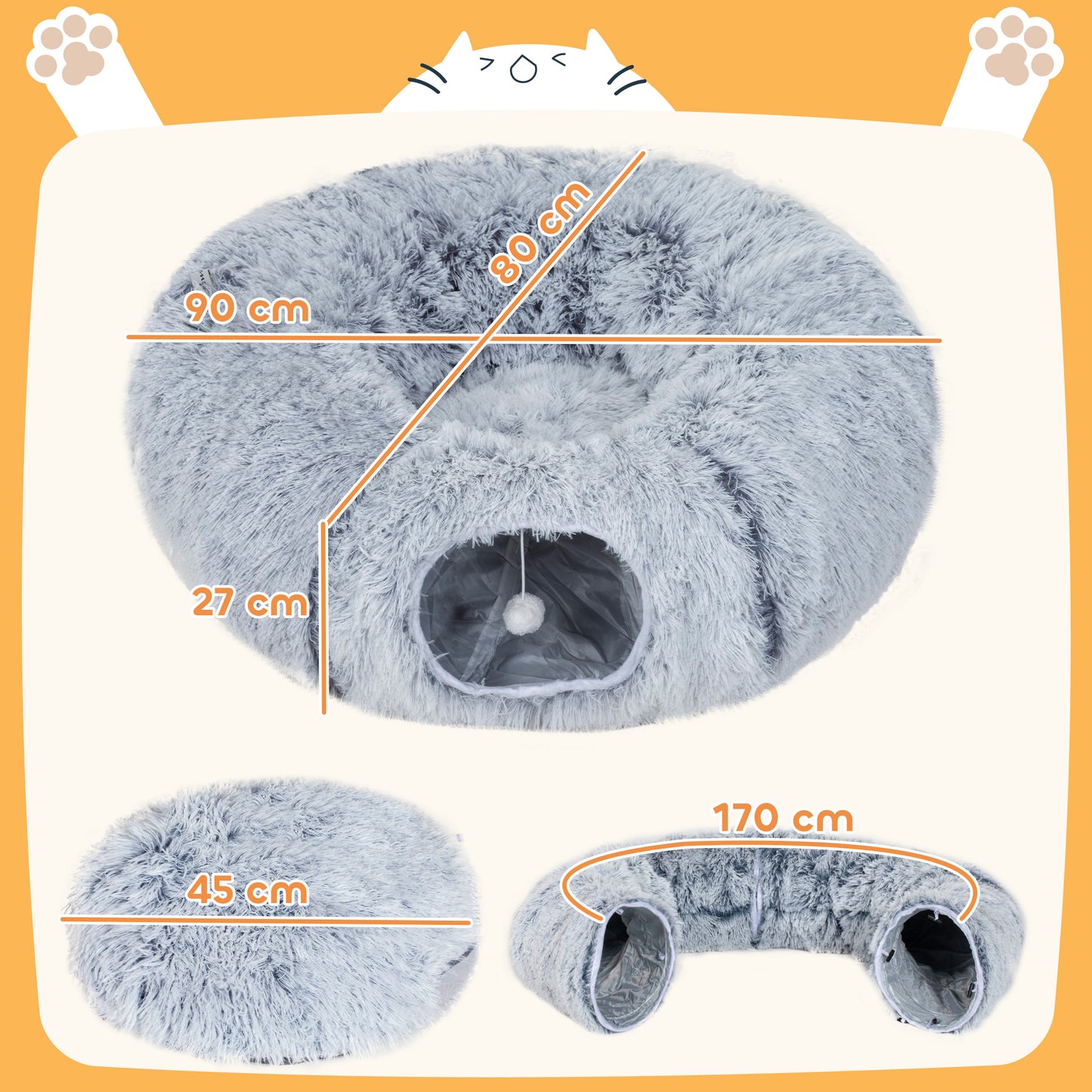 PawHut 2-in-1 Donut Cat Tunnel with Washable Bed, Play Tunnel Bed with Toy Ball and Door Hole for Indoor Cats, Light Grey--ChewyGames-ChewyGames