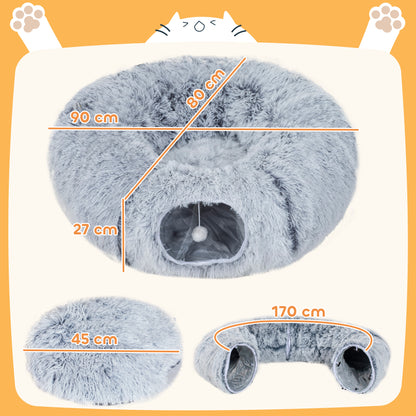 PawHut 2-in-1 Donut Cat Tunnel with Washable Bed, Play Tunnel Bed with Toy Ball and Door Hole for Indoor Cats, Light Grey--ChewyGames-ChewyGames