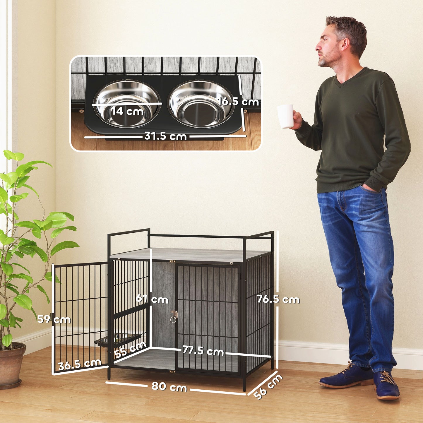 PawHut Dog Crate Furniture with Rotating Bowl Holder, 2 Bowls, 2 Doors, for Medium Dogs, 80 x 56 x 76.5 cm, Grey