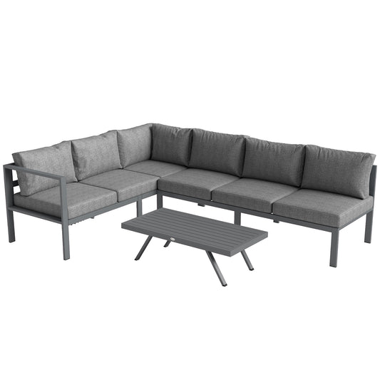 Outsunny 3 Pieces Garden Furniture Set, Aluminium Corner Lounge Set with Adjustable Backrest and Coffee Table