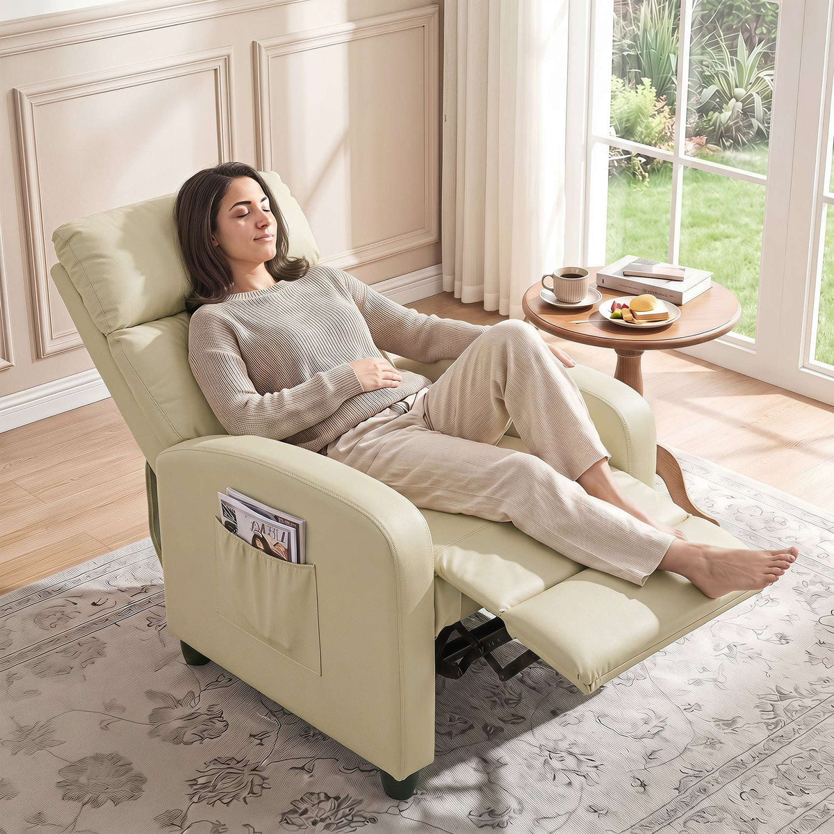 HOMCOM Recliner Armchair, Massage Faux Leather Push Back Reclining Chair with Adjustable Leg Rest, Side Pocket, Cream White