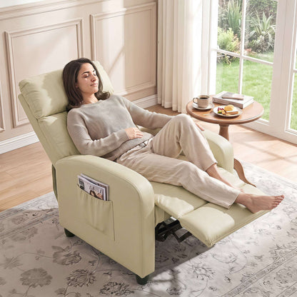 HOMCOM Recliner Armchair, Massage Faux Leather Push Back Reclining Chair with Adjustable Leg Rest, Side Pocket, Cream White