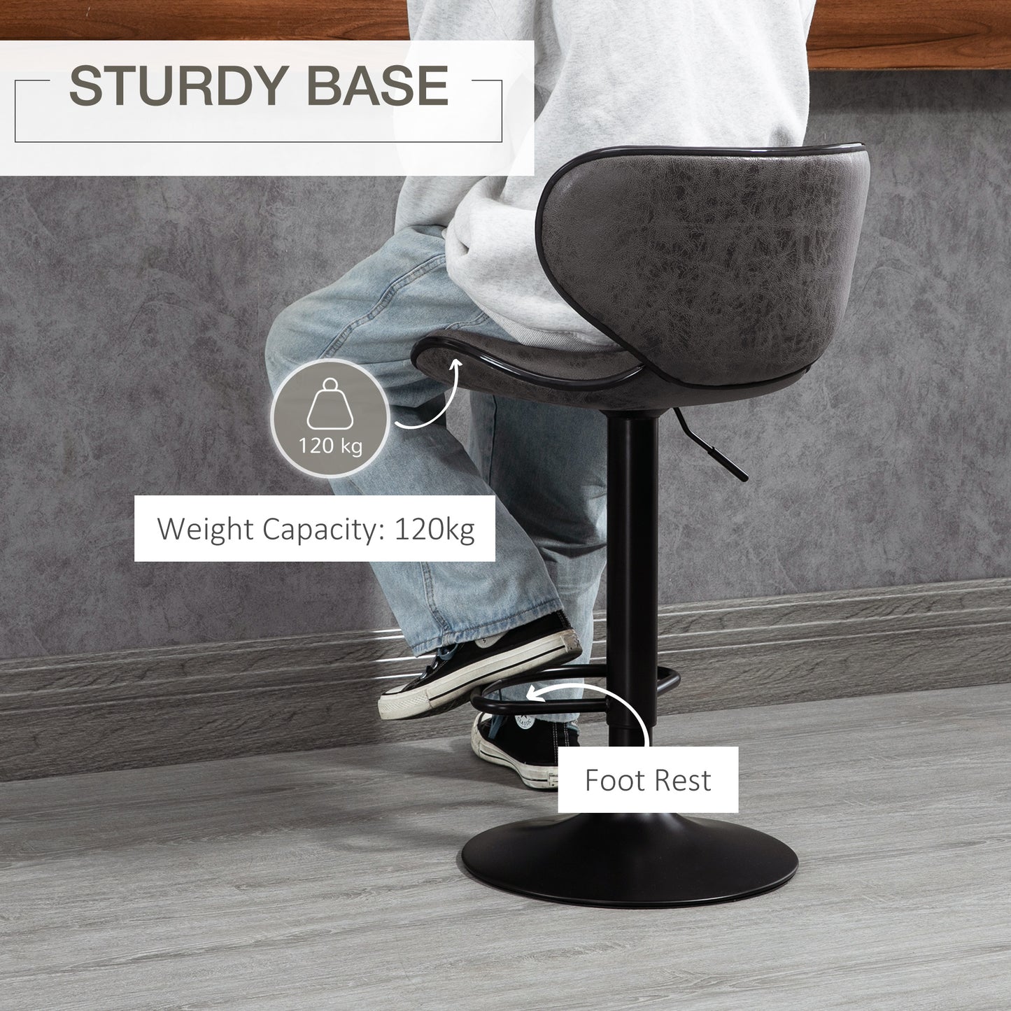HOMCOM Kitchen Stools Set of 2  61-81cm Sitting Height Leather Upholstered Bar Chairs, Dark Grey