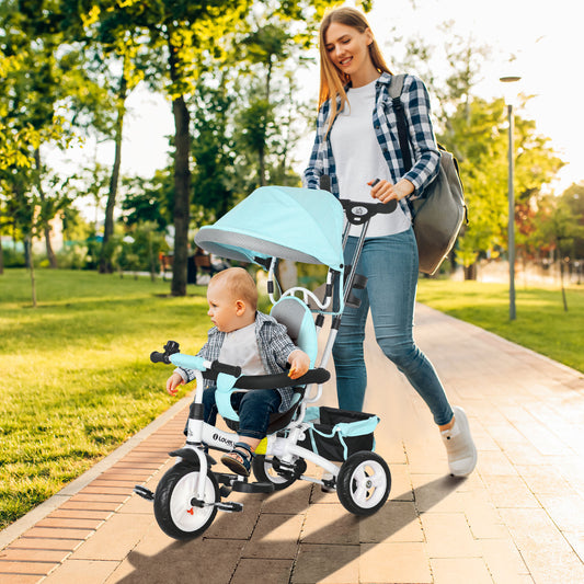 HOMCOM 6 in 1 Kids Trike Push Bike w/ Push Handle, Canopy, 5-point Seat Belt, Storage, Footrest, Brake, for 1-5 Years, Green