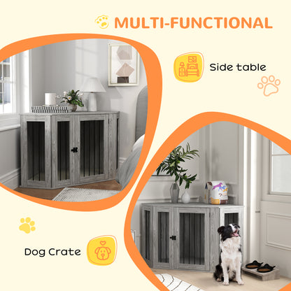 PawHut Dog Crate Furniture Side Table, with Cushion, 122 x 61 x 71cm - Grey