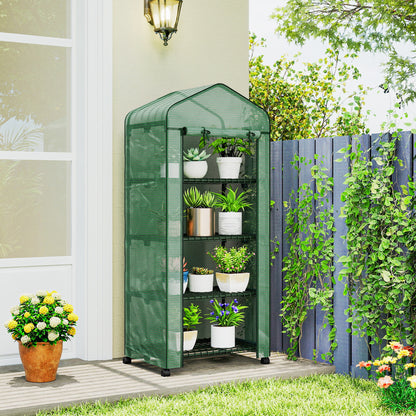Outsunny 4 Tier Mini Portable Greenhouse Compact Plant Grow Shed Metal Frame PE Cover with Lockable Rolling Wheels , Green