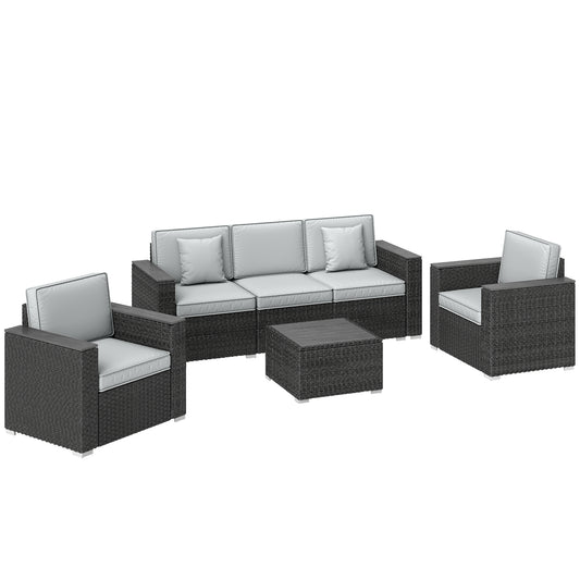 Outsunny 5 Seater Rattan Garden Furniture Set with Wide Armrests, Cushions, Pillows for Patio, Dark Grey