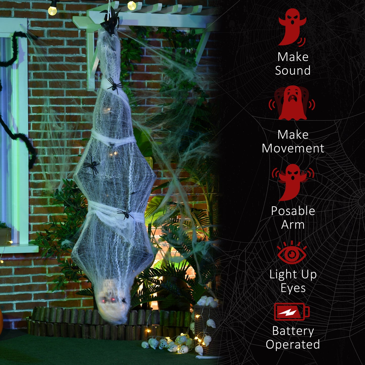 HOMCOM 4.7ft Life Size Outdoor Halloween Decoration Hanging Mummy with Spider Web, Animated Prop Decor with Sound and Motion Activated, Light Up Eyes, Howling Sound, Posable Arms, Moving Body