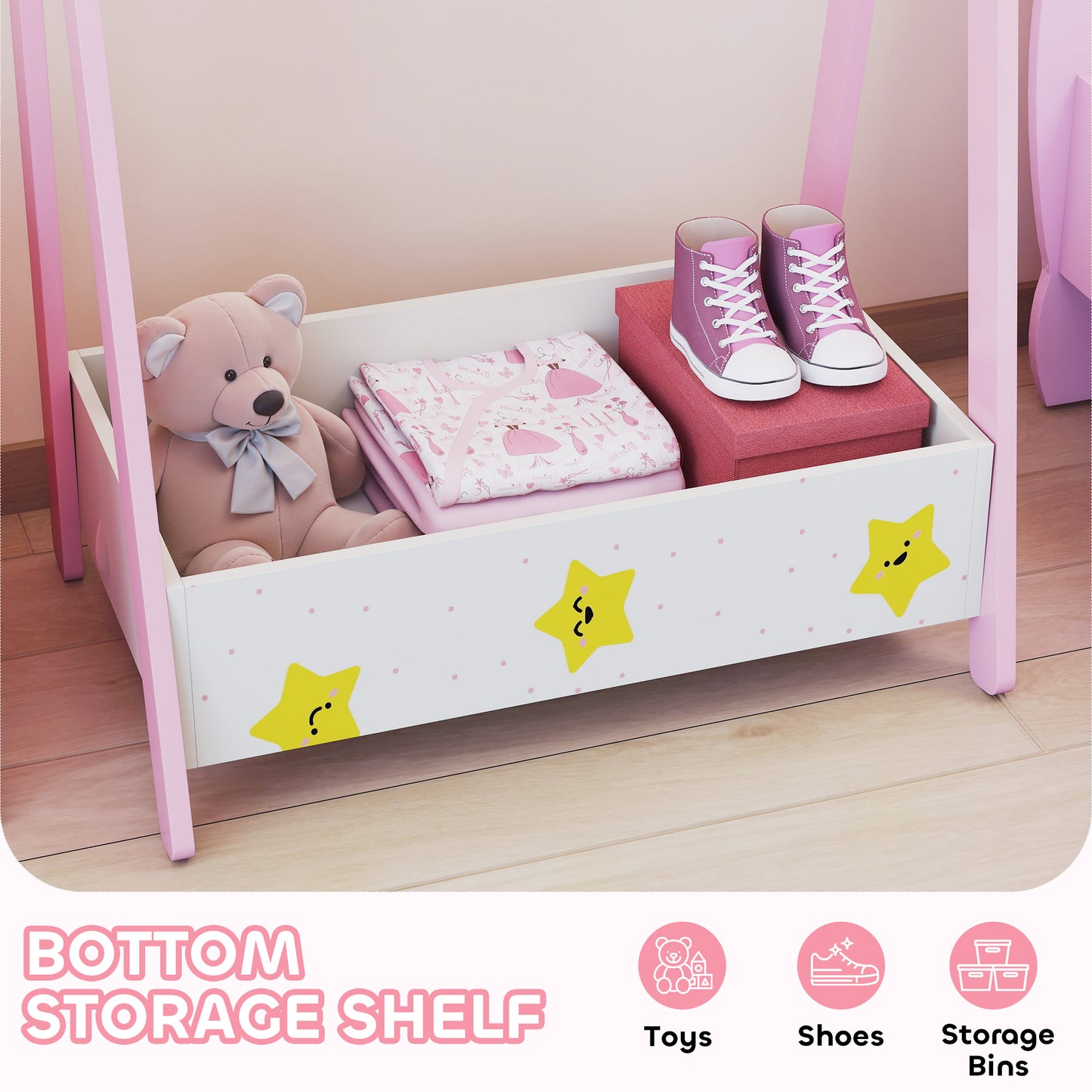 AIYAPLAY Baby Clothing Rack with Hangers, Storage Shelf for Bedroom, Star Theme, for Ages 3-6, Pink