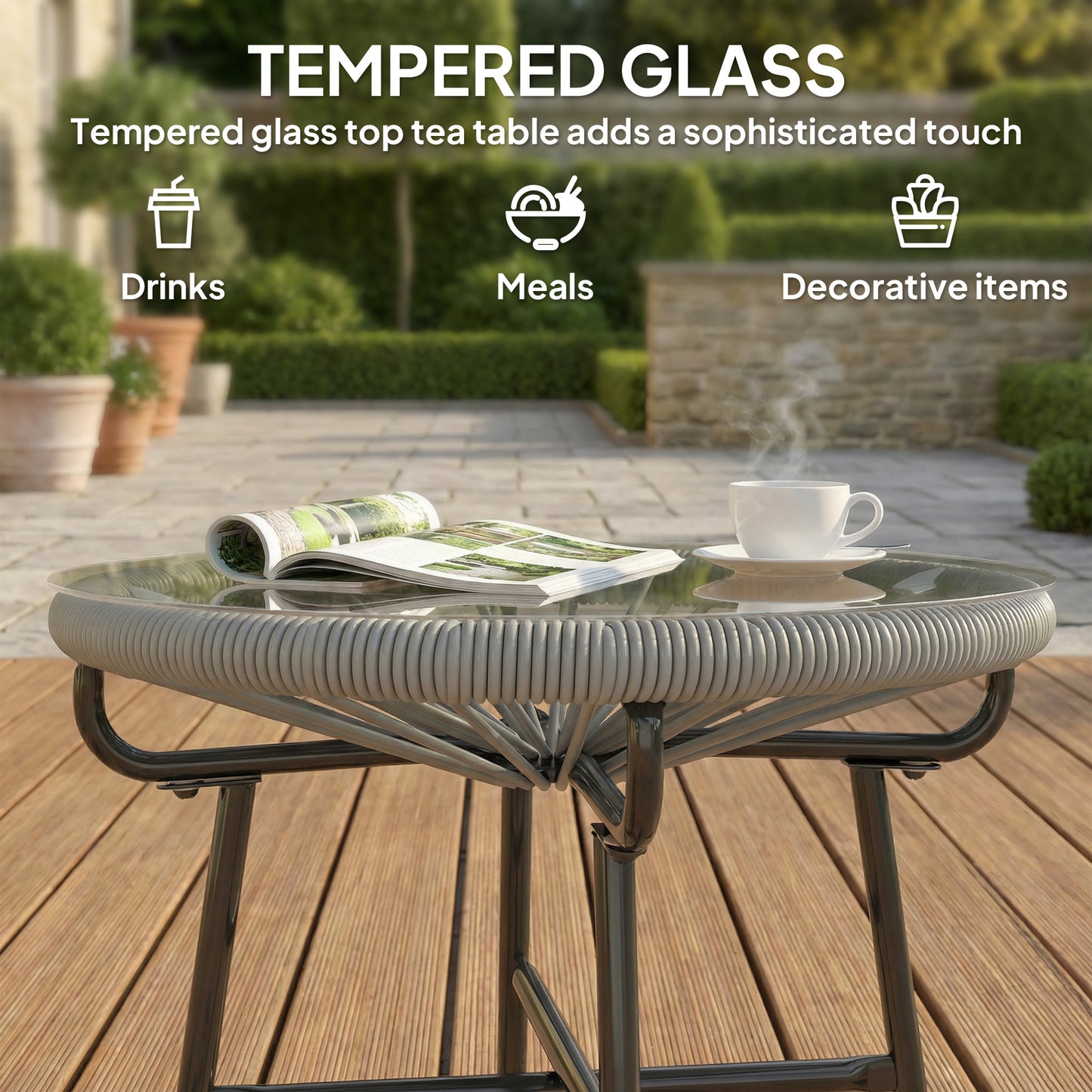 Outsunny Rattan Side Table, Round Outdoor Coffee Table, with Round PE Rattan and Tempered Glass Tabletop, Light Grey--ChewyGames-ChewyGames