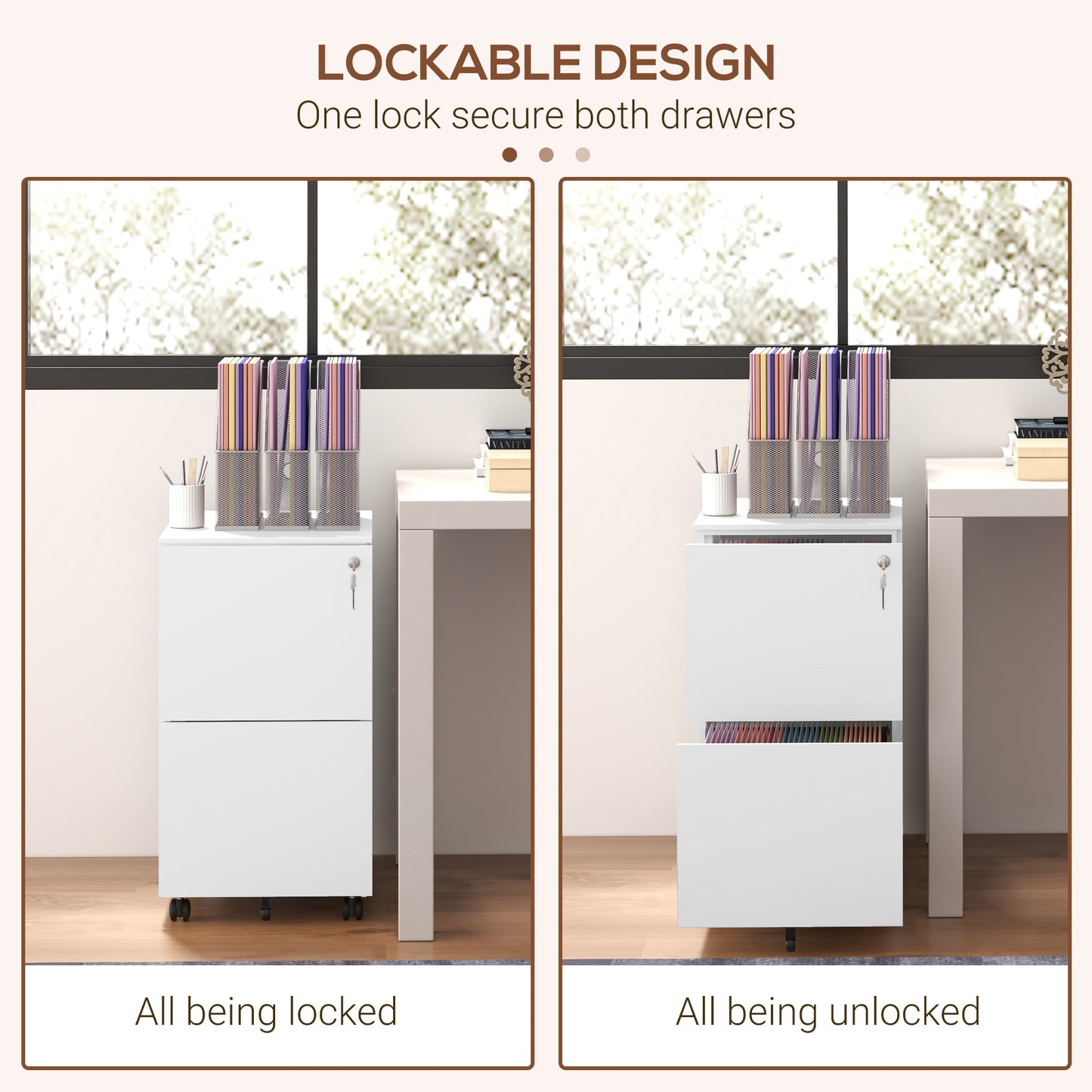 Vinsetto 2-Drawer Filing Cabinet with Lock and 5 Wheels, Steel Mobile File Cabinet, for A4, Legal and Letter Size, Pre-Assembled Body, White