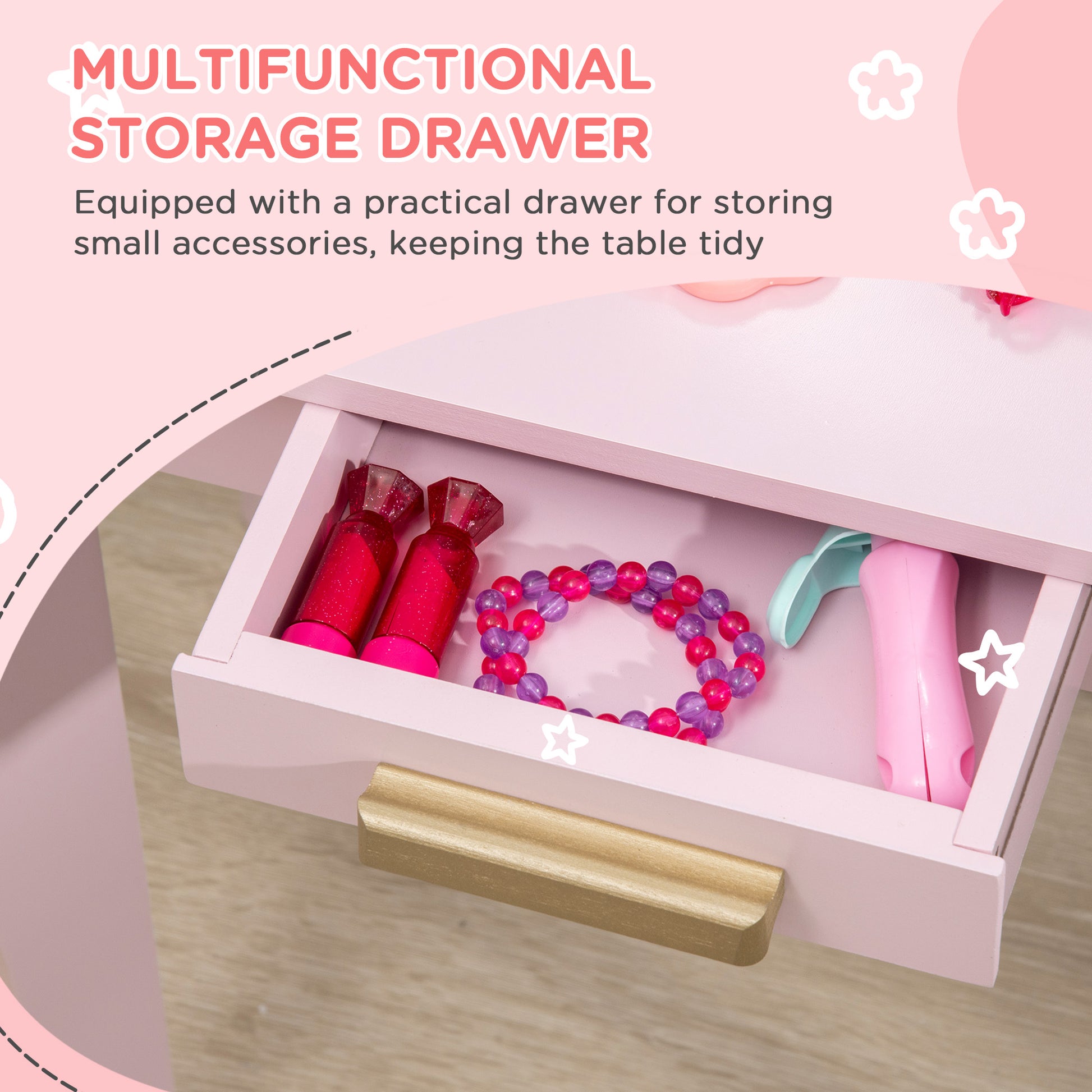 HOMCOM Kids Dressing Table Set, with Mirror and Drawer - Pink--ChewyGames-ChewyGames