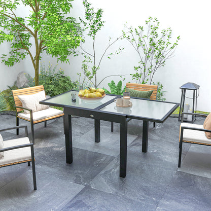 Outsunny Extending Garden Table, Outdoor Dining Table with Aluminium Frame and Tempered Glass Tabletop, 80/160 x 80 x 75 cm, Black and Clear