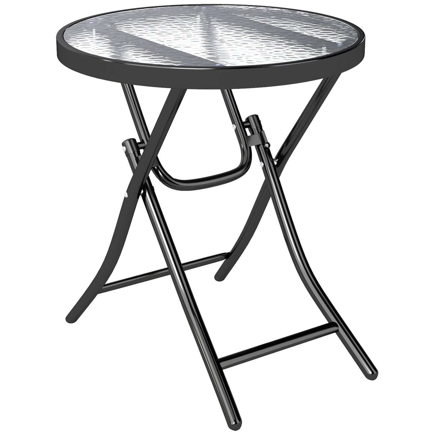 Outsunny Foldable Garden Table, Round Folding Table with Glass Tabletop and Safety Buckle for Patio, Garden, Outdoor, Indoor, Black