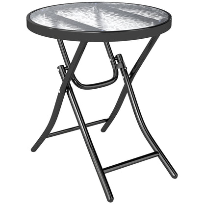 Outsunny Foldable Garden Table, Round Folding Table with Glass Tabletop and Safety Buckle for Patio, Garden, Outdoor, Indoor, Black