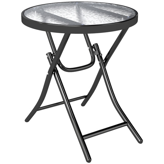 Outsunny Foldable Garden Table, Round Folding Table with Glass Tabletop and Safety Buckle for Patio, Garden, Outdoor, Indoor, Black